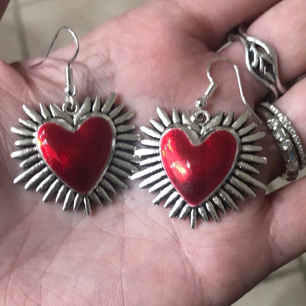 Red Heart Silver Earrings